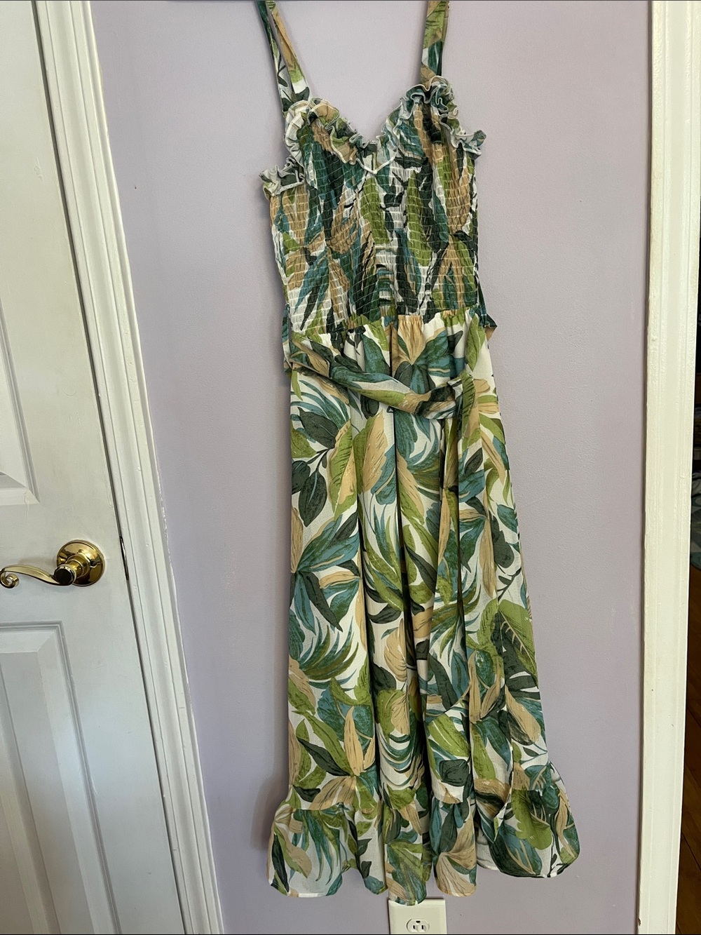 Leaf-Print Smocked Maxi Dress in Green and Cream
